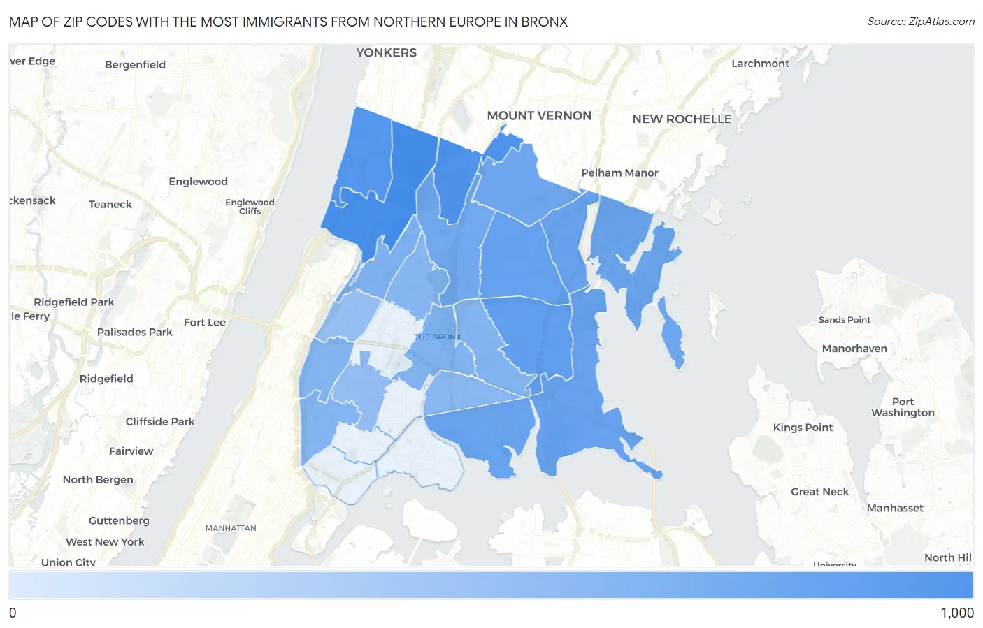 Zip Codes with the Most Immigrants from Northern Europe in Bronx Map