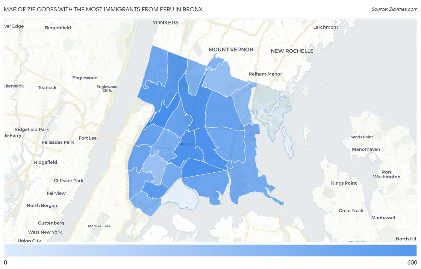 Zip Codes with the Most Immigrants from Peru in Bronx Map