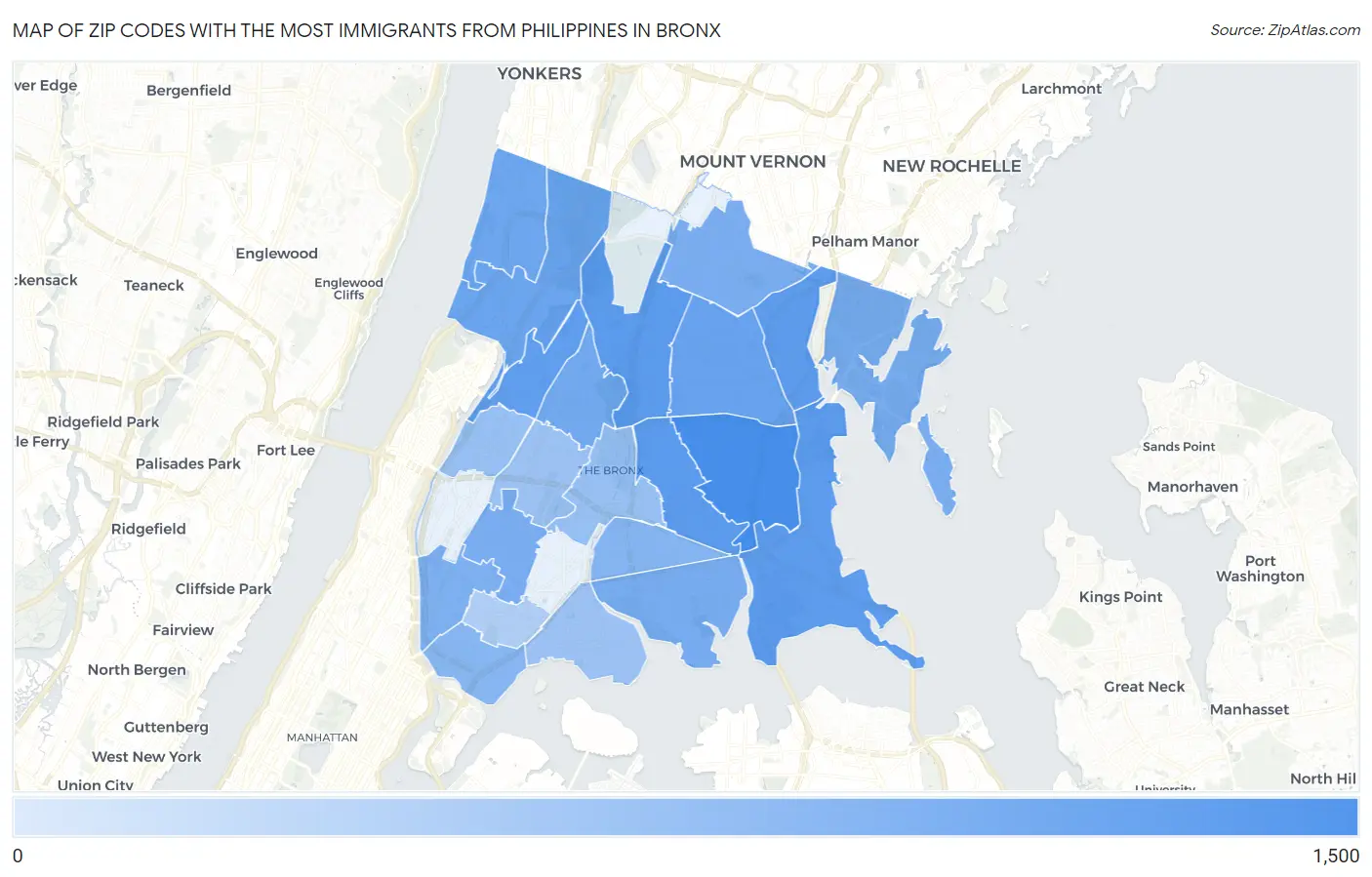 Zip Codes with the Most Immigrants from Philippines in Bronx Map