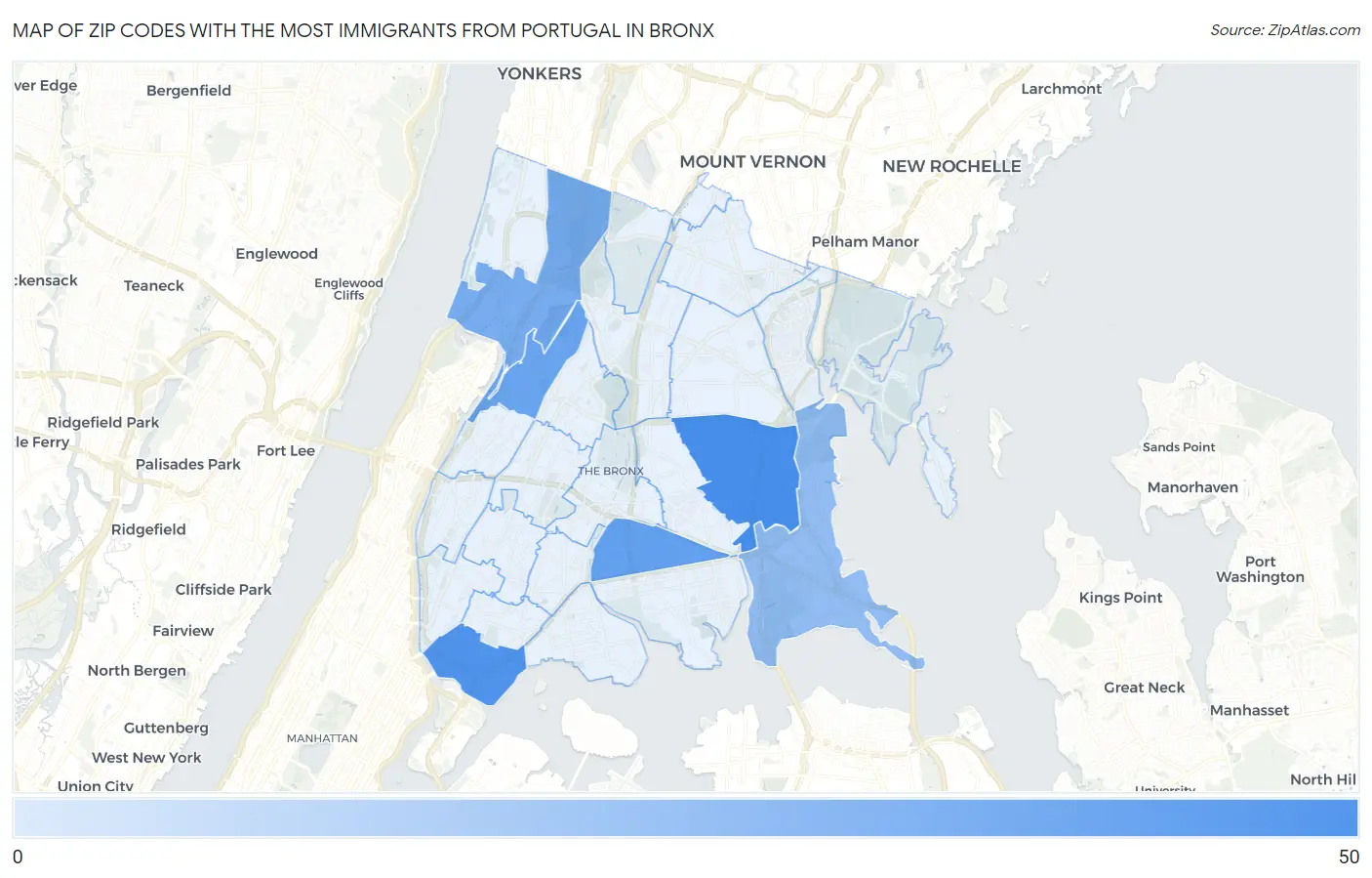 Zip Codes with the Most Immigrants from Portugal in Bronx Map