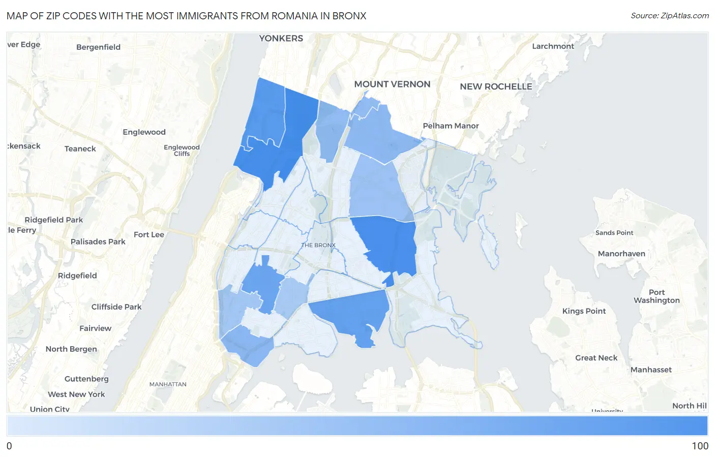 Zip Codes with the Most Immigrants from Romania in Bronx Map