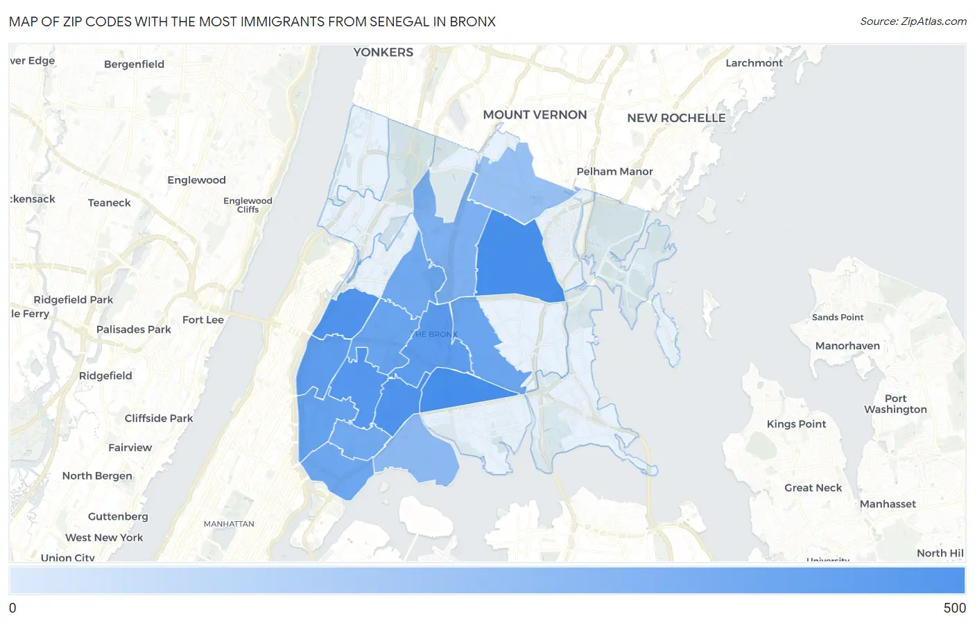 Zip Codes with the Most Immigrants from Senegal in Bronx Map