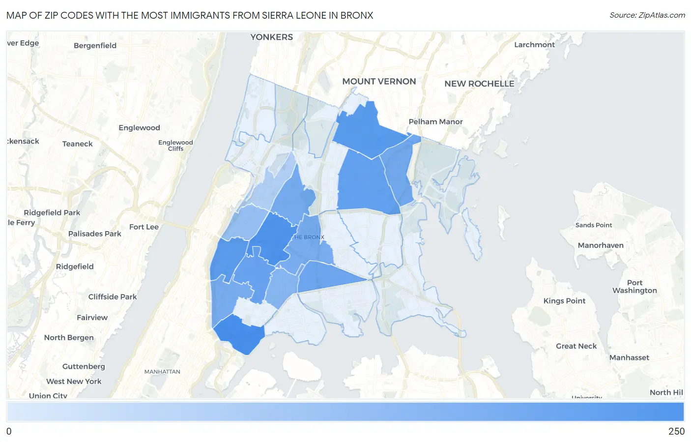 Zip Codes with the Most Immigrants from Sierra Leone in Bronx Map
