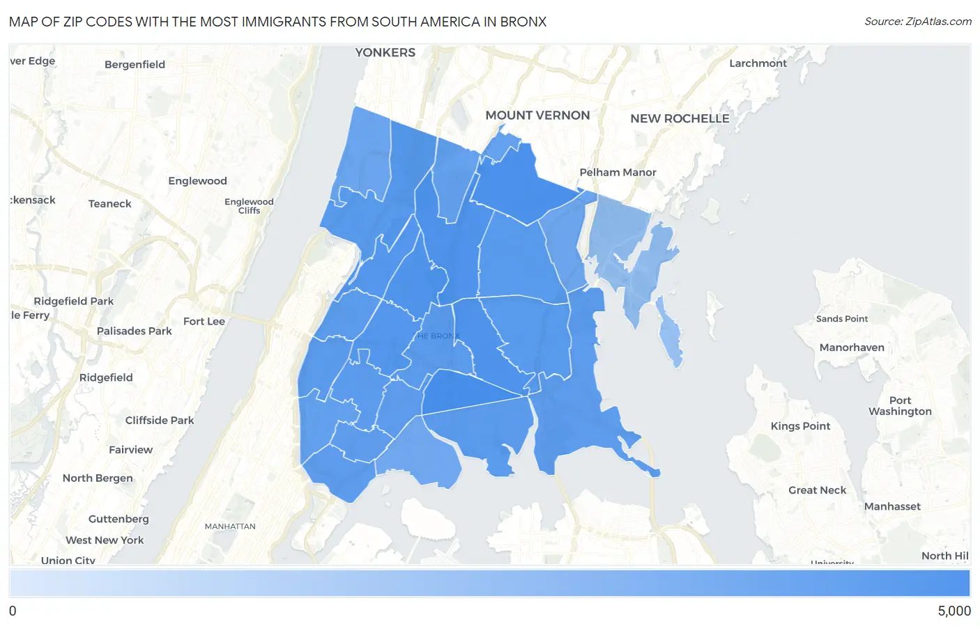 Zip Codes with the Most Immigrants from South America in Bronx Map