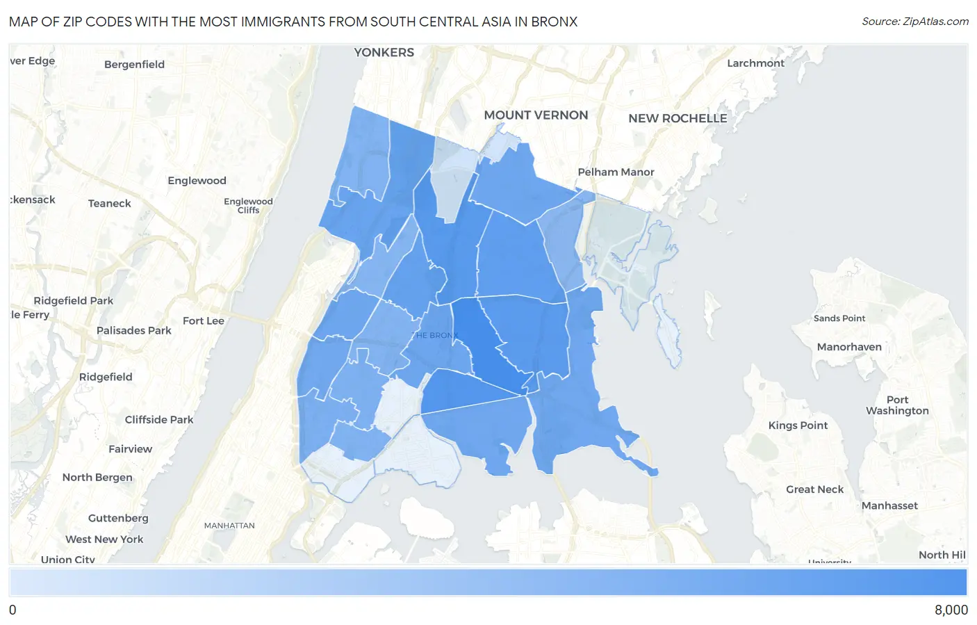 Zip Codes with the Most Immigrants from South Central Asia in Bronx Map