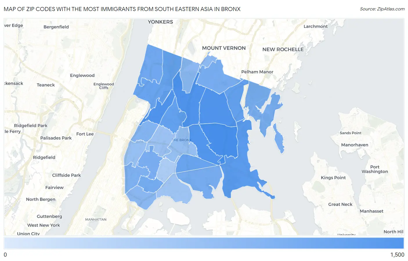 Zip Codes with the Most Immigrants from South Eastern Asia in Bronx Map