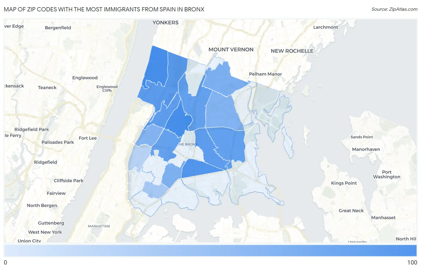 Zip Codes with the Most Immigrants from Spain in Bronx Map