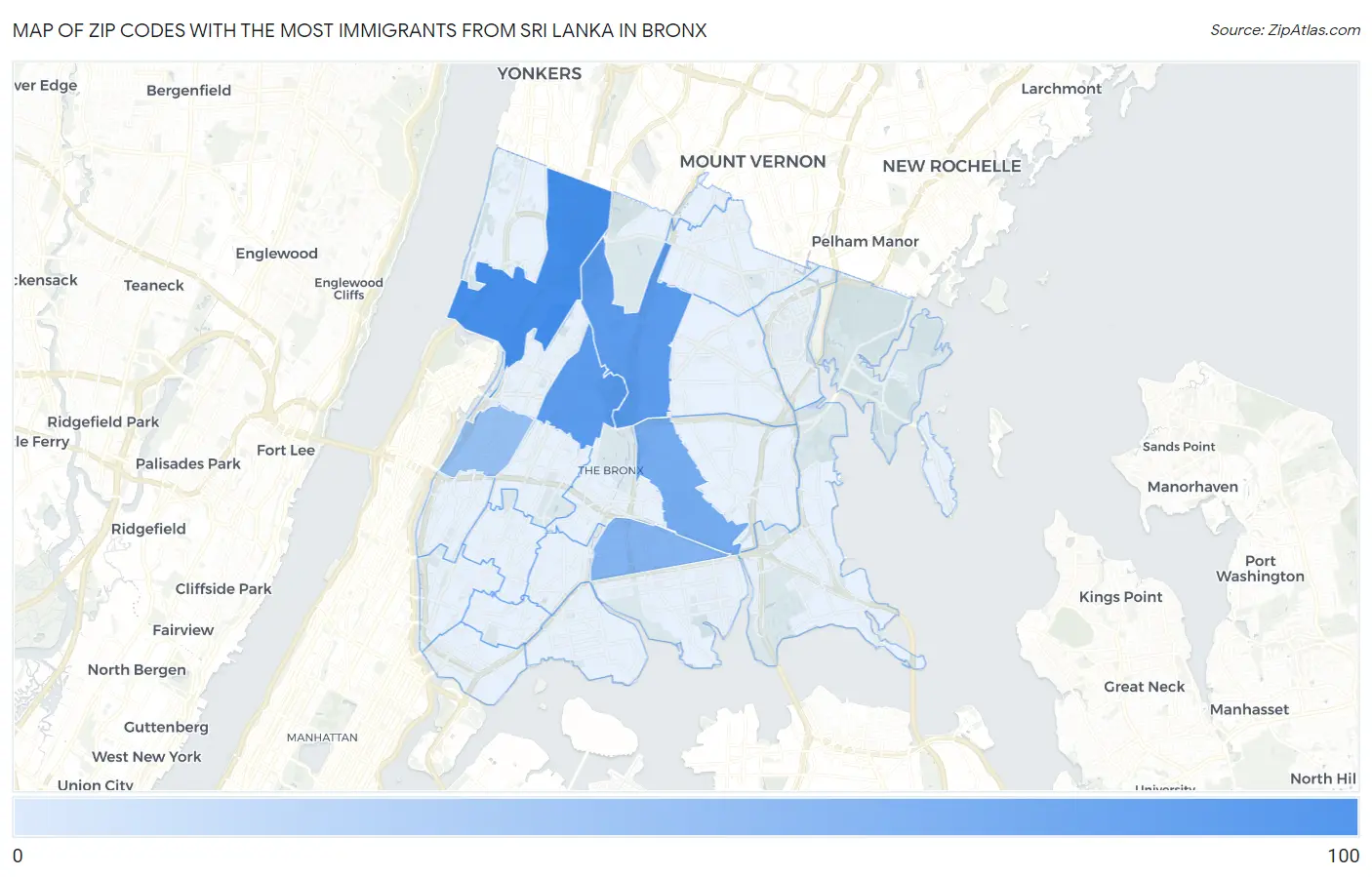 Zip Codes with the Most Immigrants from Sri Lanka in Bronx Map
