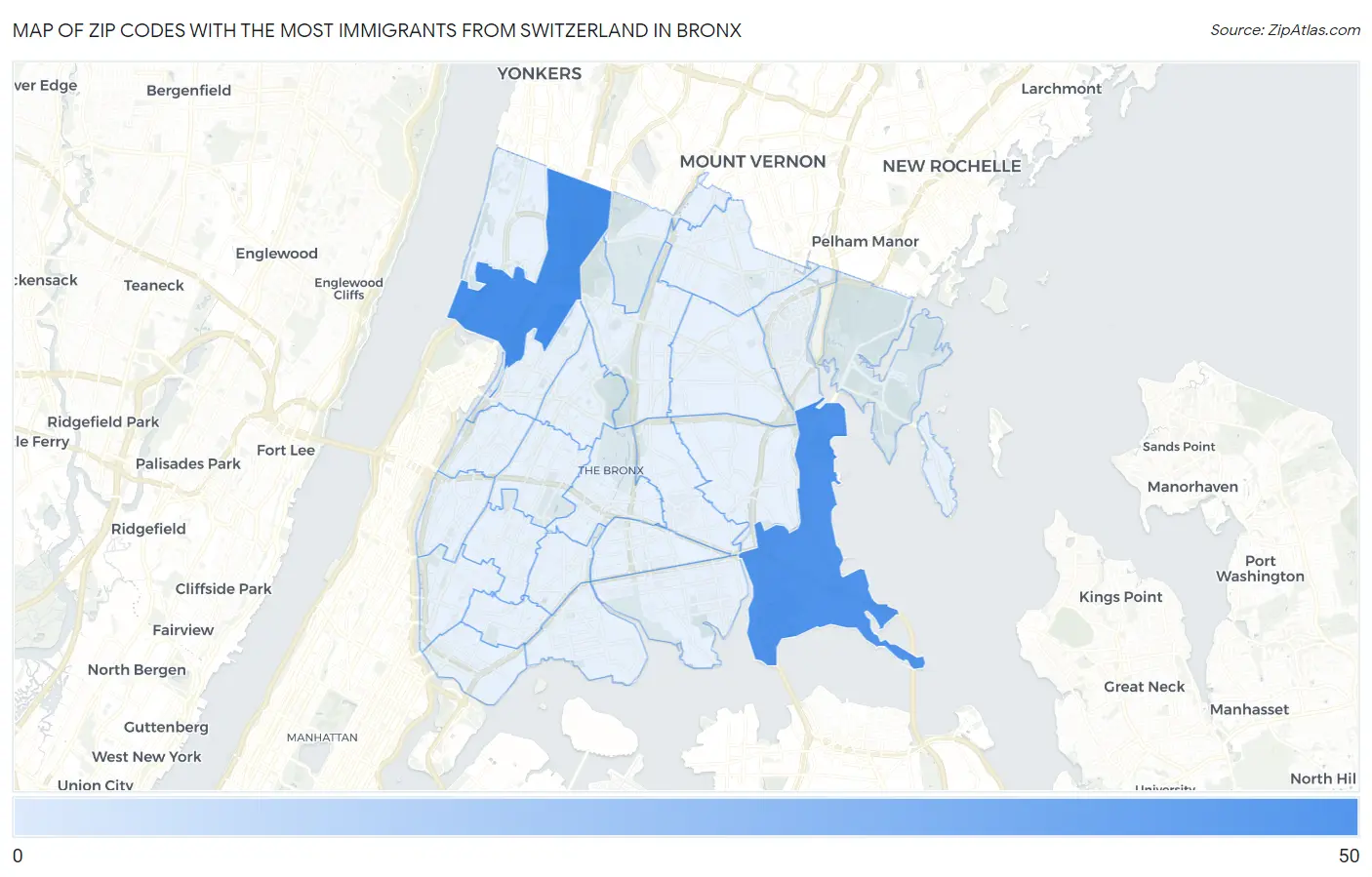 Zip Codes with the Most Immigrants from Switzerland in Bronx Map