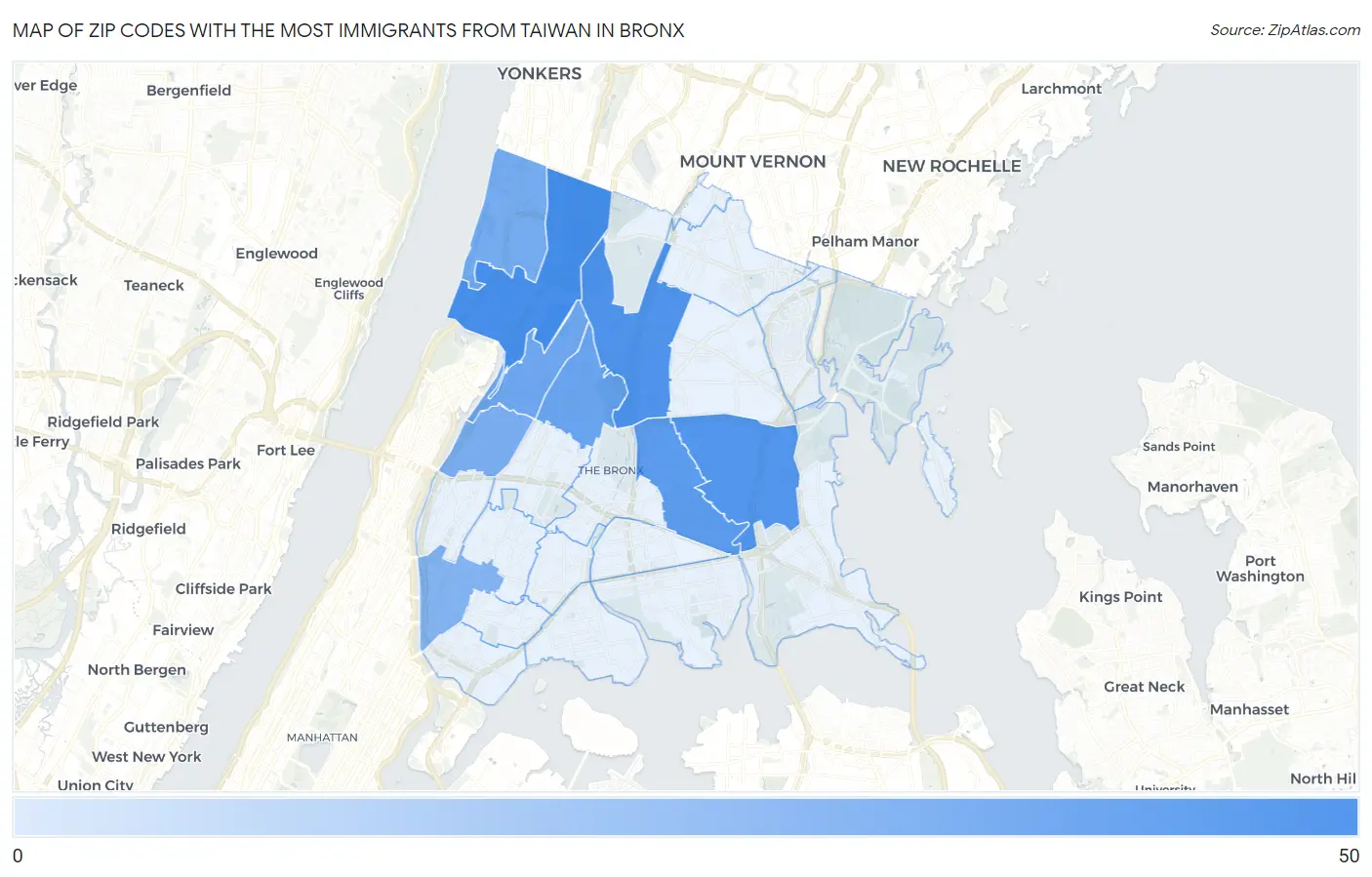 Zip Codes with the Most Immigrants from Taiwan in Bronx Map