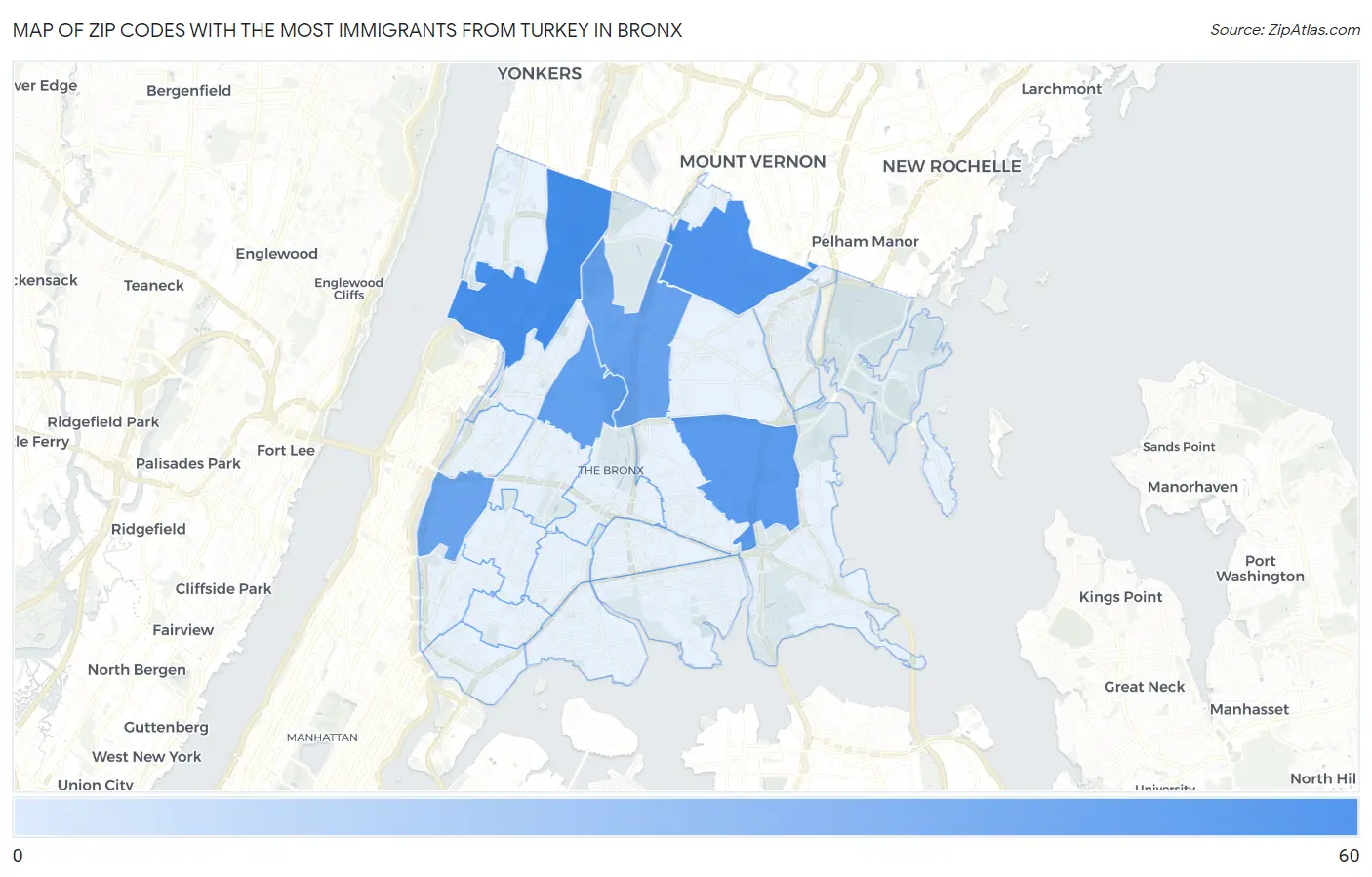 Zip Codes with the Most Immigrants from Turkey in Bronx Map
