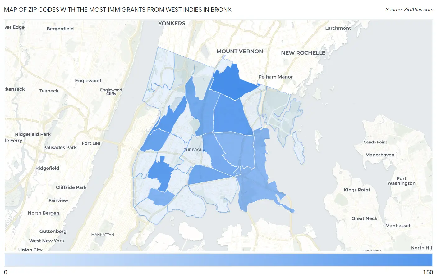 Zip Codes with the Most Immigrants from West Indies in Bronx Map