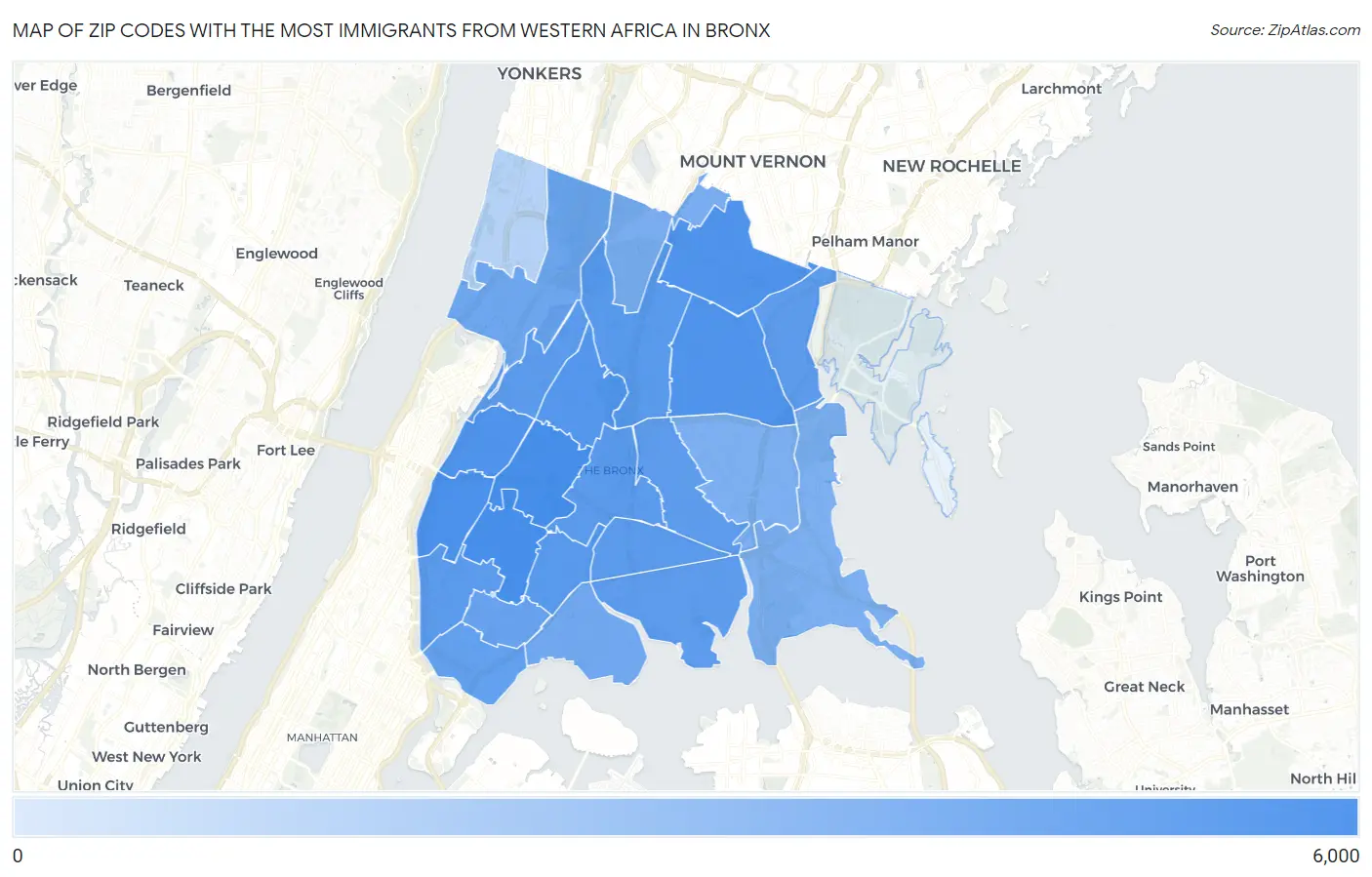 Zip Codes with the Most Immigrants from Western Africa in Bronx Map