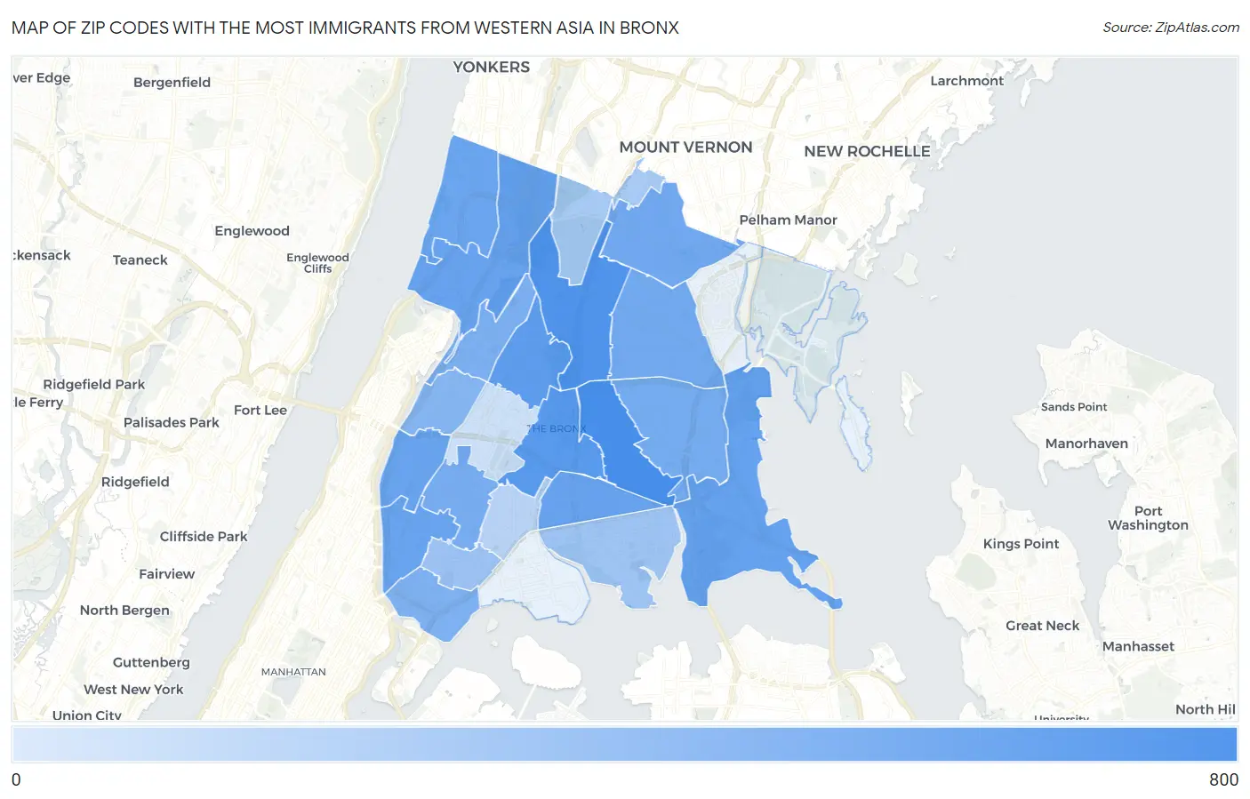 Zip Codes with the Most Immigrants from Western Asia in Bronx Map