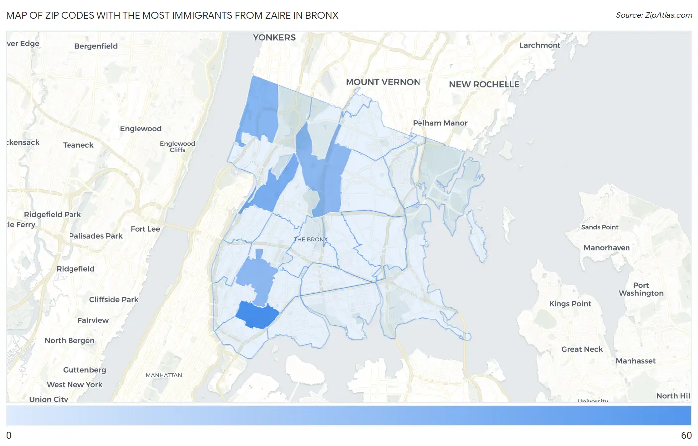 Zip Codes with the Most Immigrants from Zaire in Bronx Map