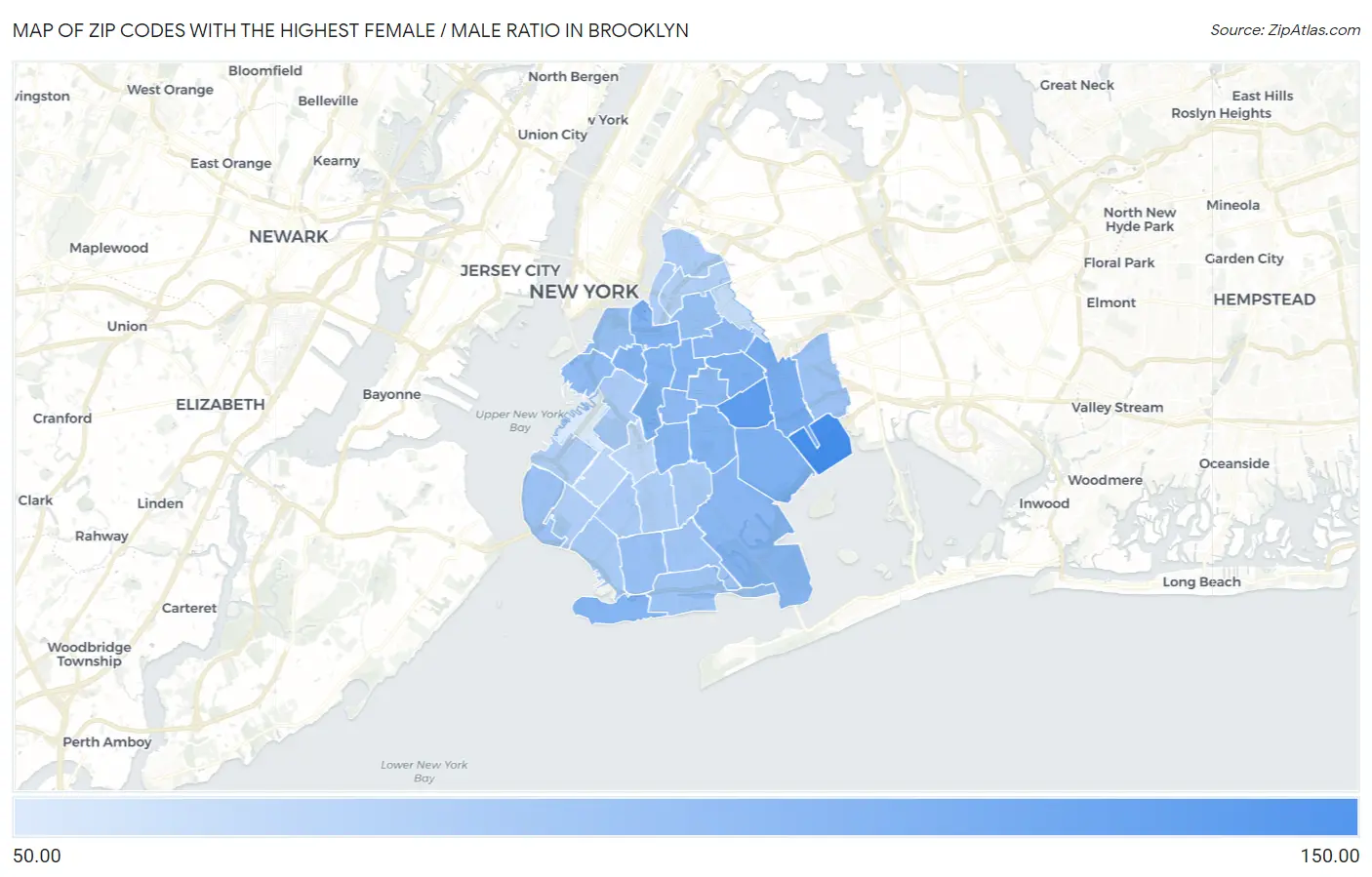 Zip Codes with the Highest Female / Male Ratio in Brooklyn Map