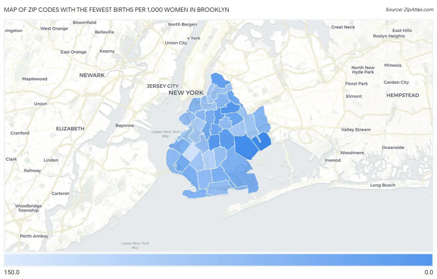 Zip Codes with the Fewest Births per 1,000 Women in Brooklyn Map