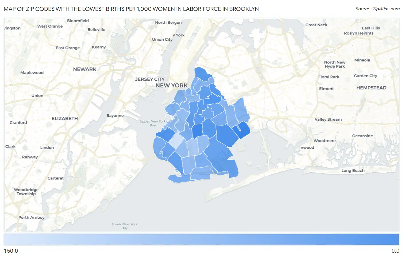 Zip Codes with the Lowest Births per 1,000 Women in Labor Force in Brooklyn Map