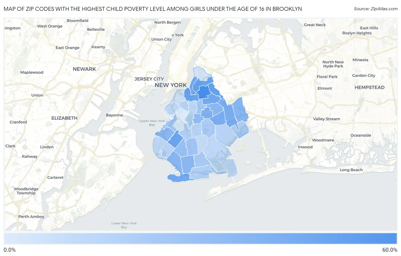 Zip Codes with the Highest Child Poverty Level Among Girls Under the Age of 16 in Brooklyn Map