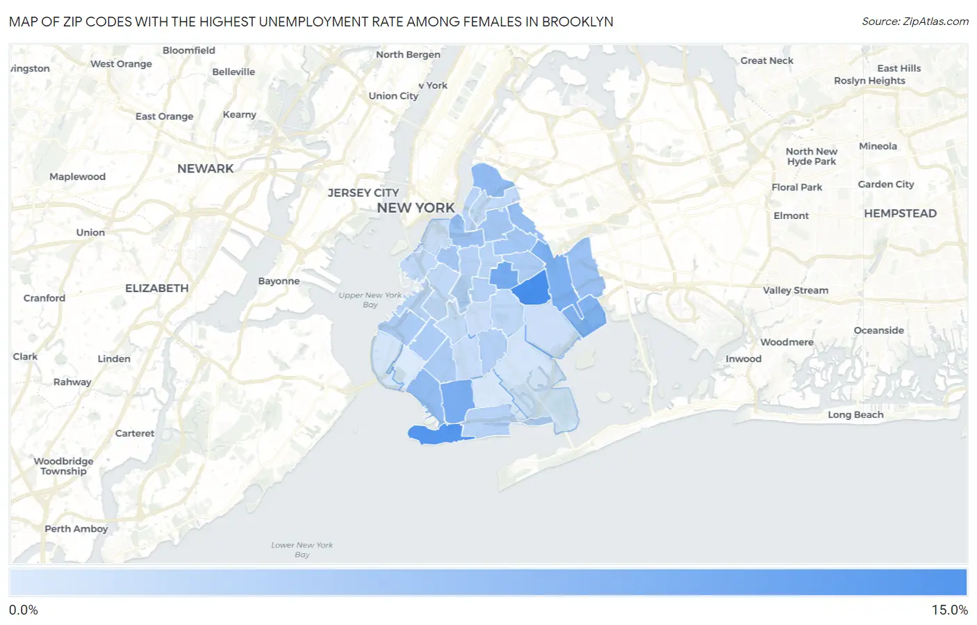 Zip Codes with the Highest Unemployment Rate Among Females in Brooklyn Map