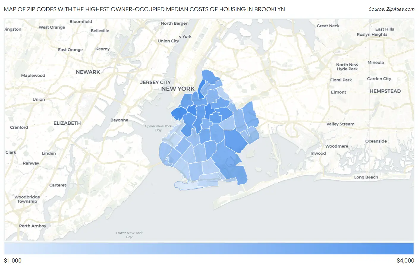 Zip Codes with the Highest Owner-Occupied Median Costs of Housing in Brooklyn Map