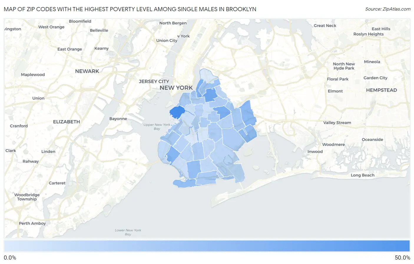 Zip Codes with the Highest Poverty Level Among Single Males in Brooklyn Map
