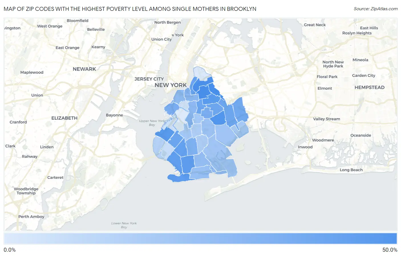 Zip Codes with the Highest Poverty Level Among Single Mothers in Brooklyn Map