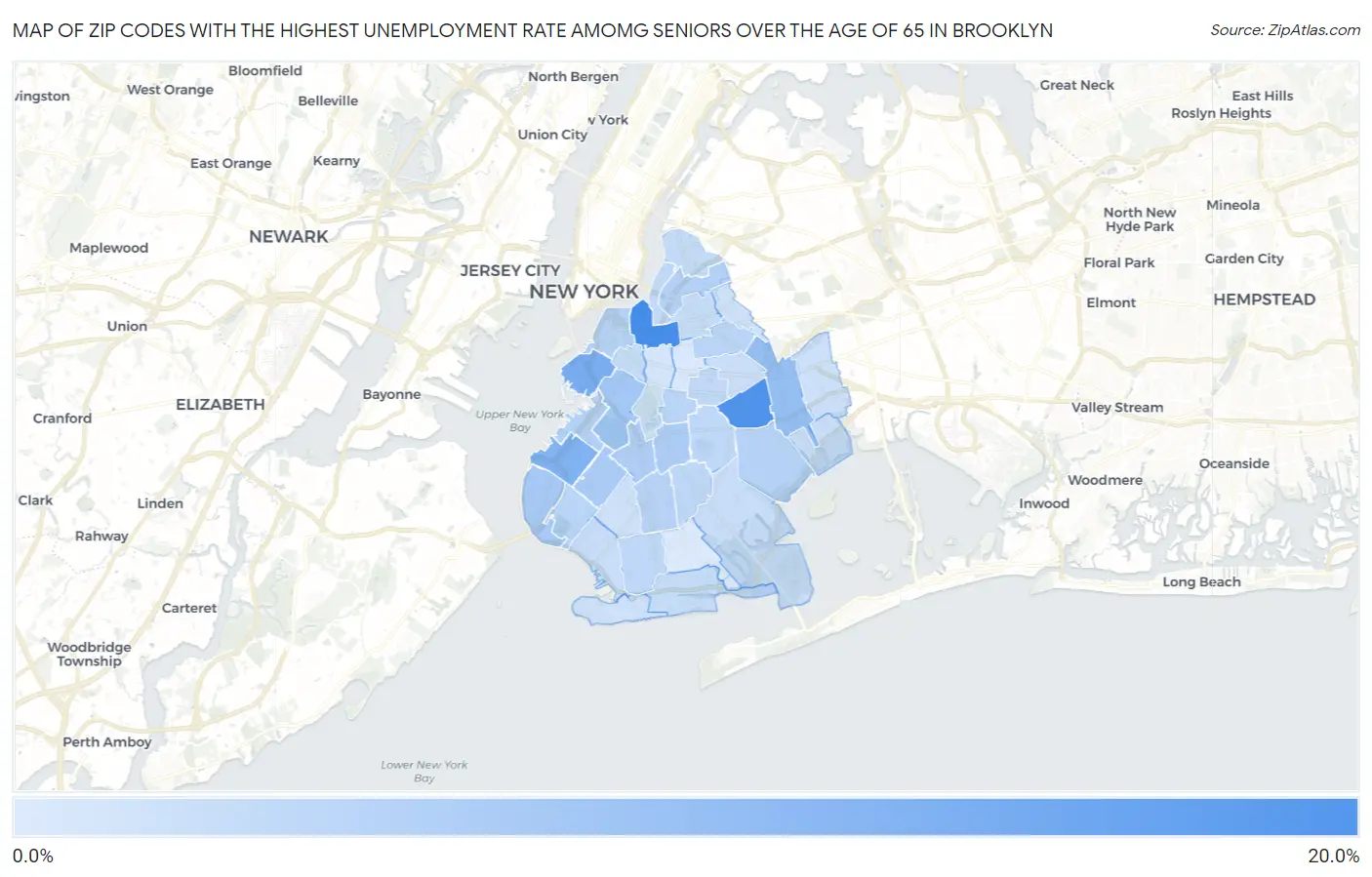 Zip Codes with the Highest Unemployment Rate Amomg Seniors Over the Age of 65 in Brooklyn Map