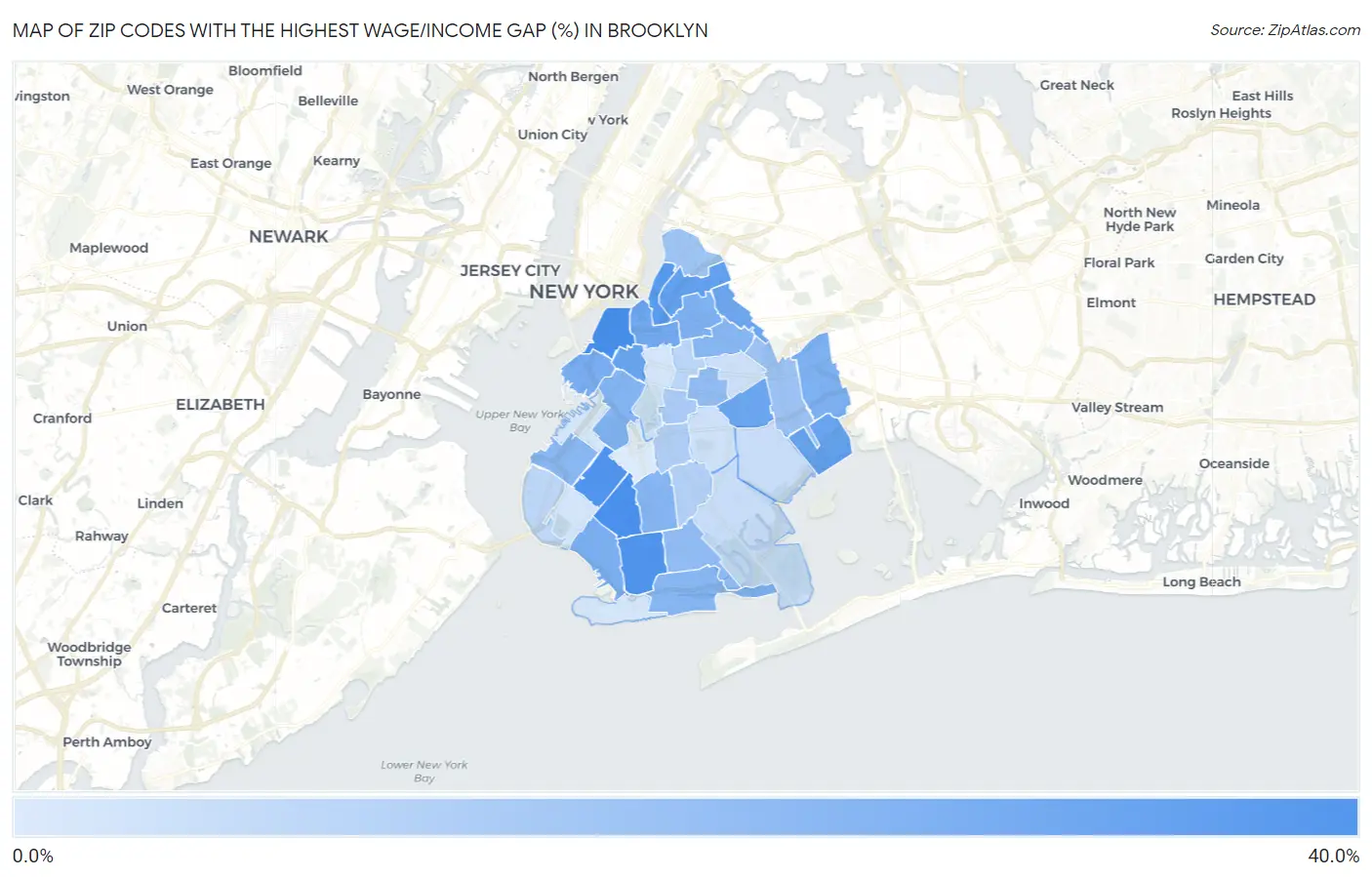 Zip Codes with the Highest Wage/Income Gap (%) in Brooklyn Map