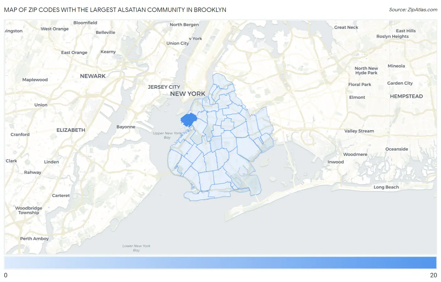 Zip Codes with the Largest Alsatian Community in Brooklyn Map
