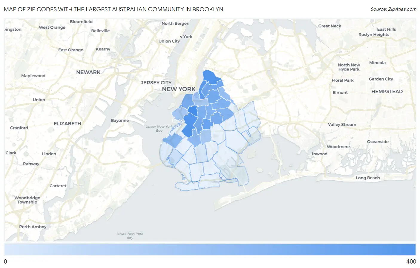 Zip Codes with the Largest Australian Community in Brooklyn Map