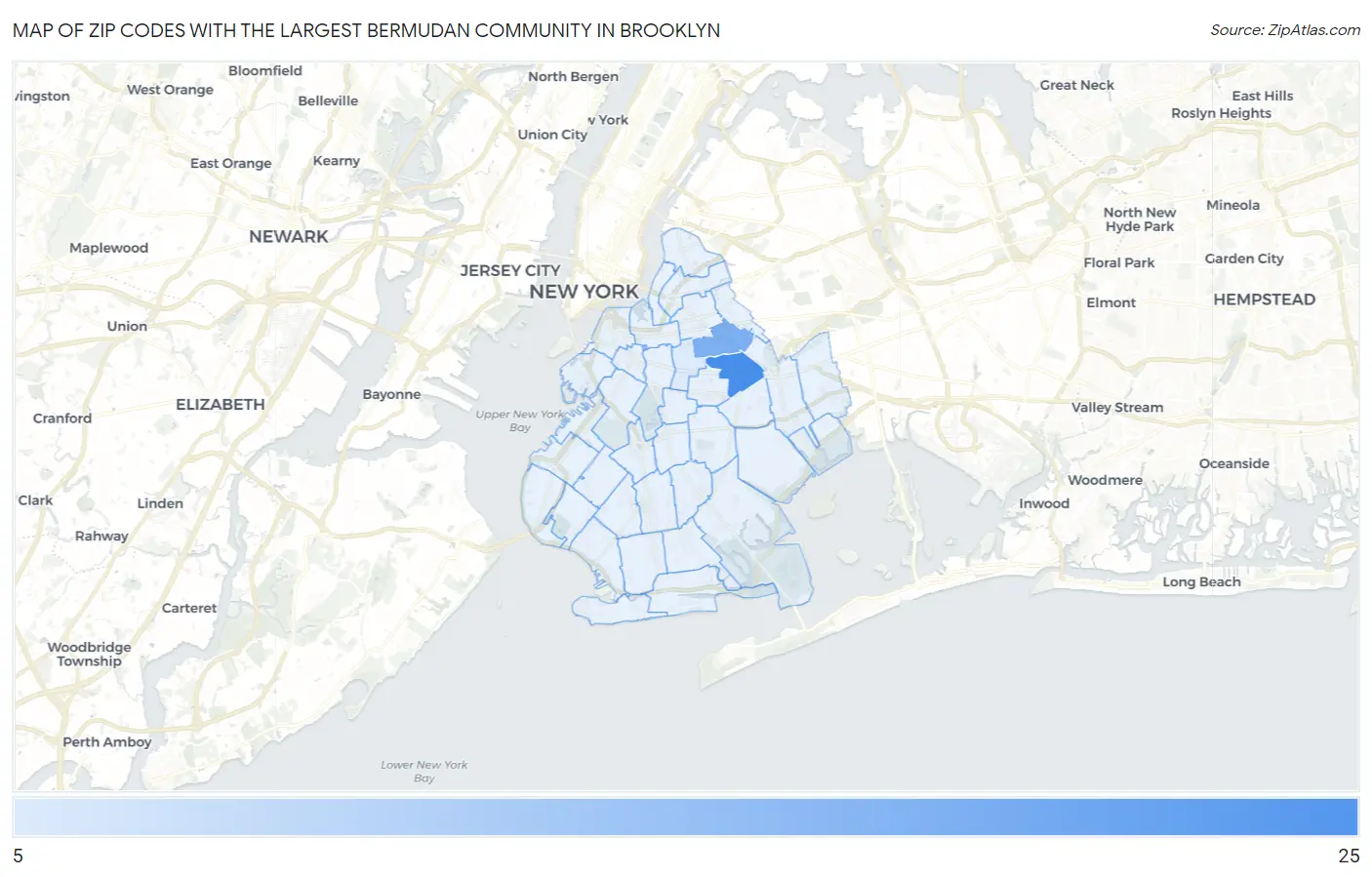 Zip Codes with the Largest Bermudan Community in Brooklyn Map