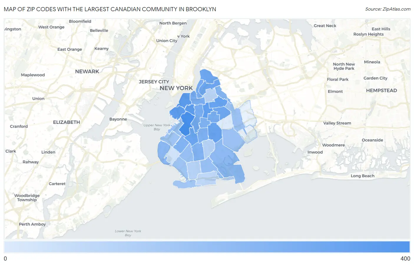 Zip Codes with the Largest Canadian Community in Brooklyn Map