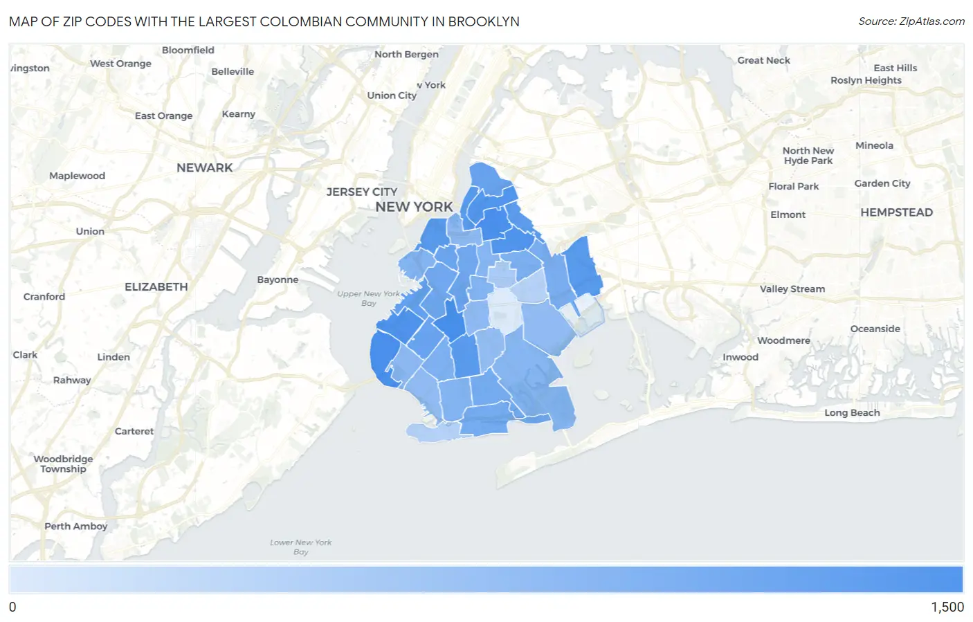 Zip Codes with the Largest Colombian Community in Brooklyn Map