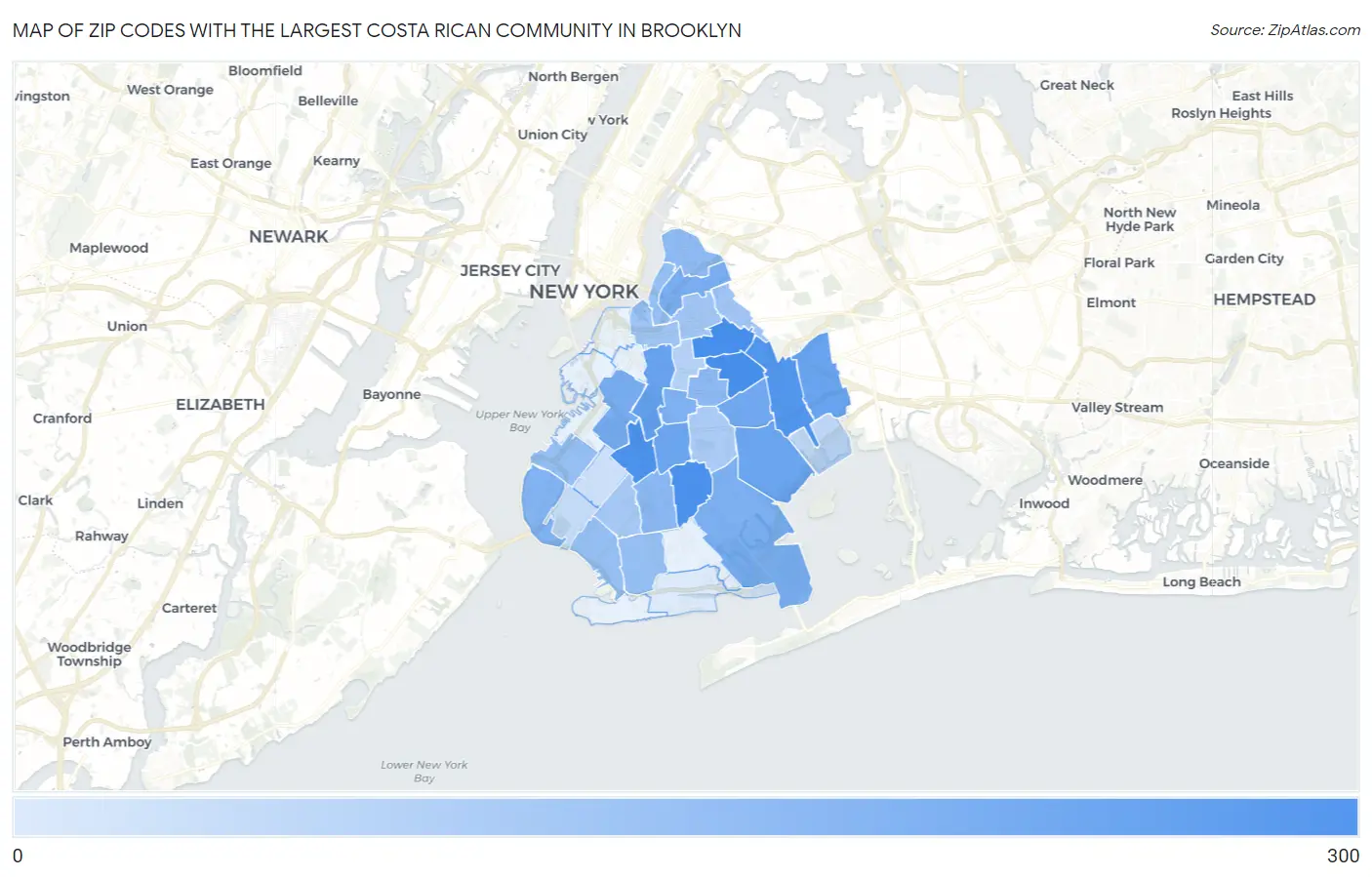 Zip Codes with the Largest Costa Rican Community in Brooklyn Map