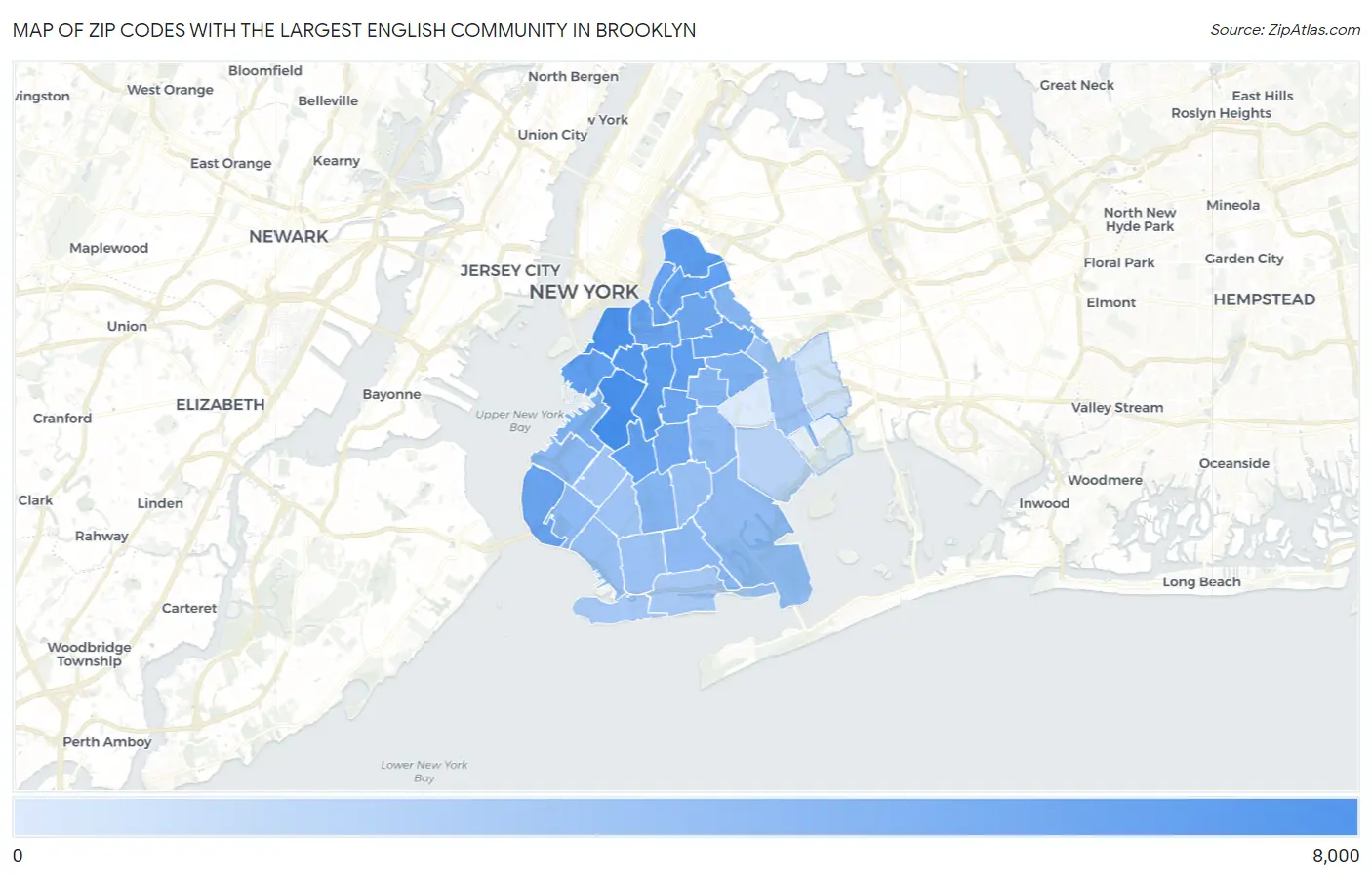 Zip Codes with the Largest English Community in Brooklyn Map