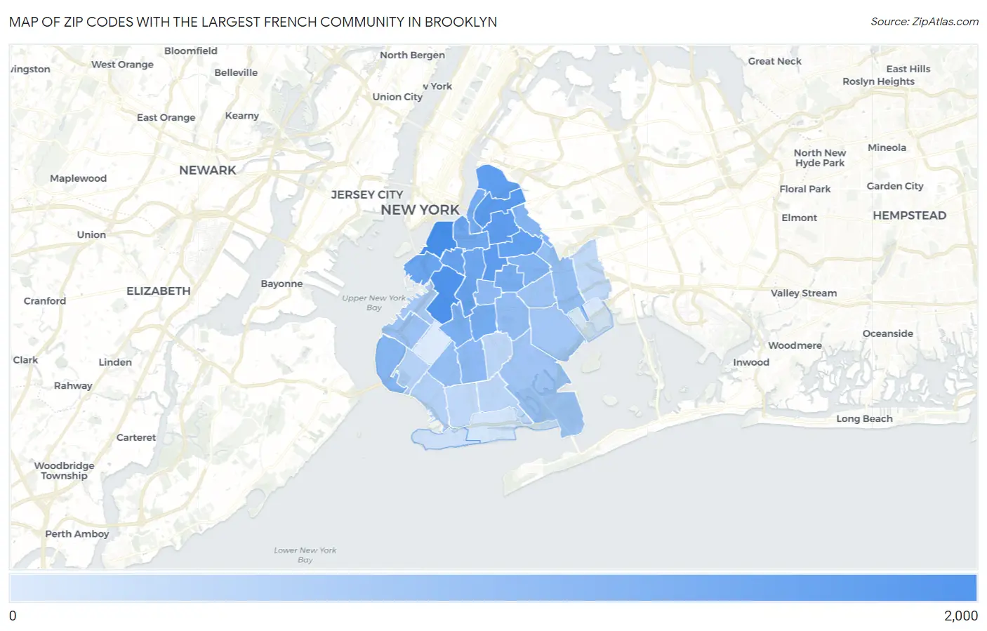 Zip Codes with the Largest French Community in Brooklyn Map