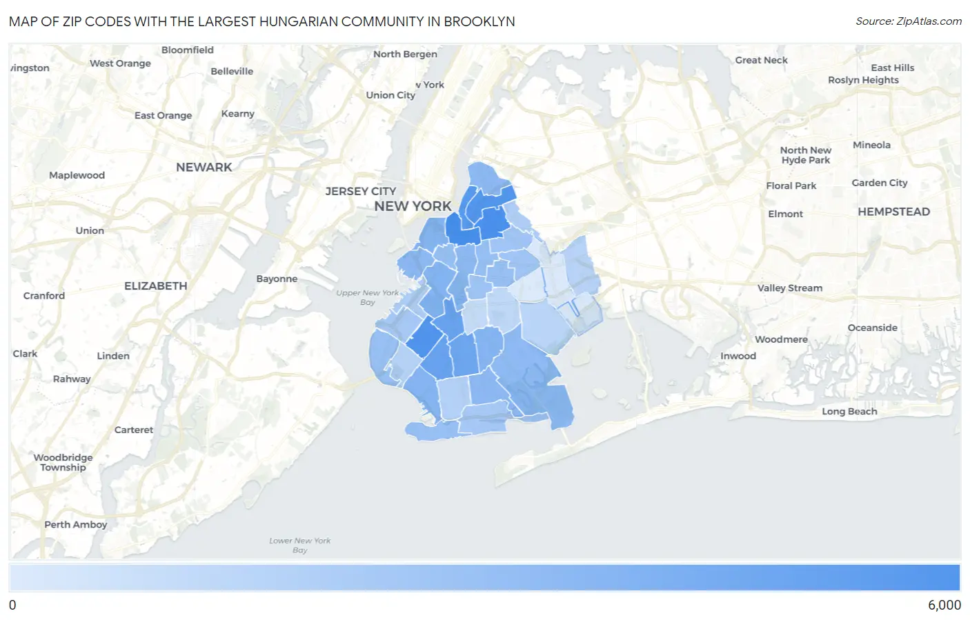 Zip Codes with the Largest Hungarian Community in Brooklyn Map