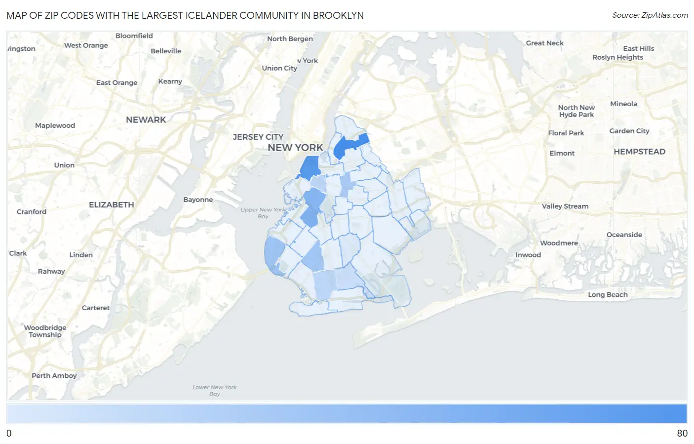 Zip Codes with the Largest Icelander Community in Brooklyn Map