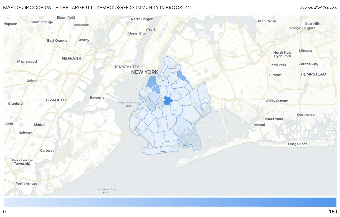 Zip Codes with the Largest Luxembourger Community in Brooklyn Map