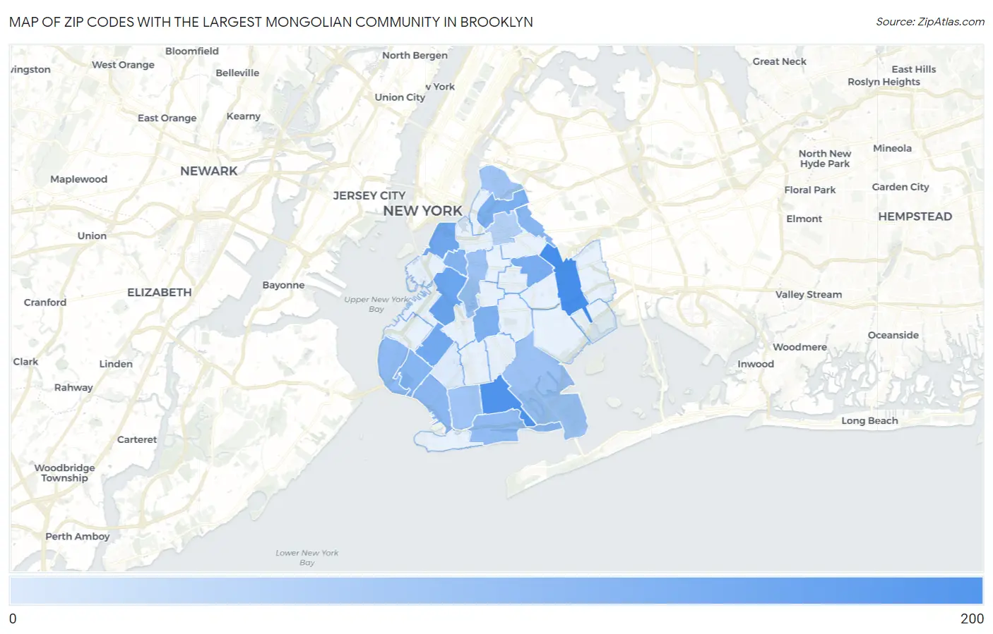 Zip Codes with the Largest Mongolian Community in Brooklyn Map