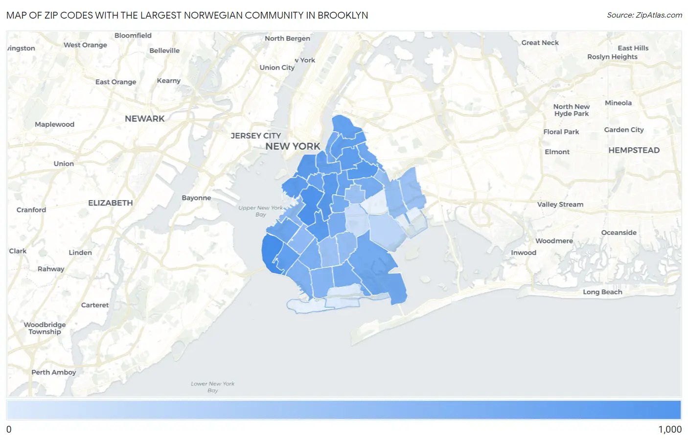 Zip Codes with the Largest Norwegian Community in Brooklyn Map