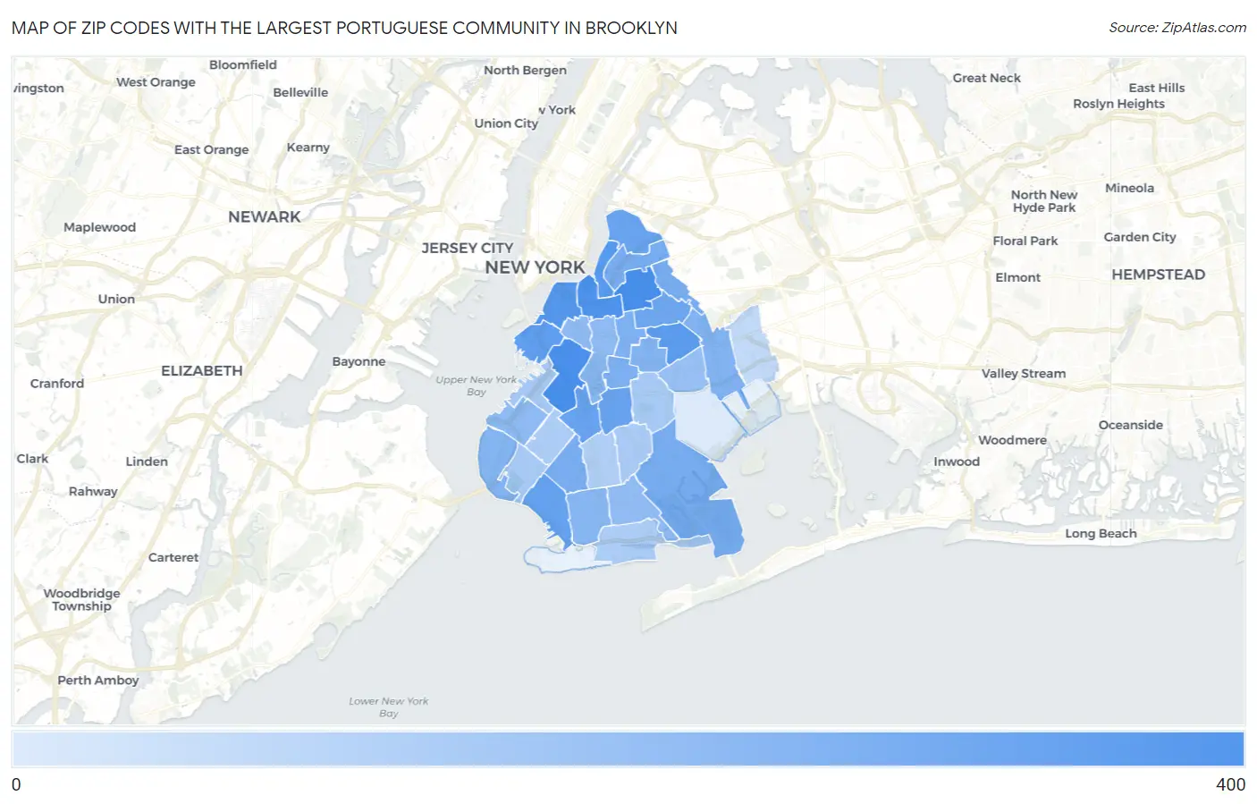 Zip Codes with the Largest Portuguese Community in Brooklyn Map