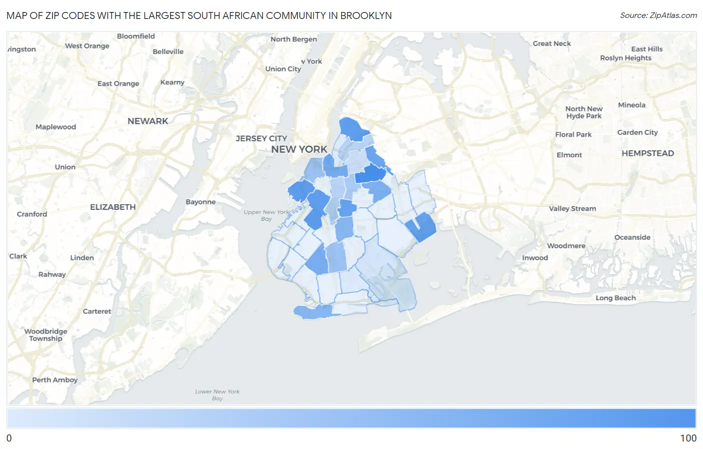 Zip Codes with the Largest South African Community in Brooklyn Map