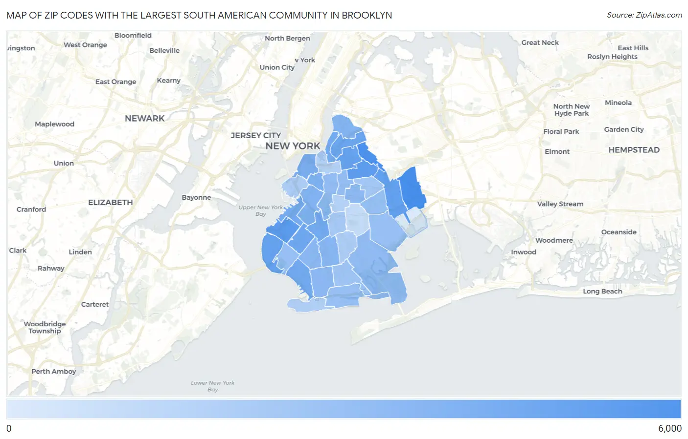 Zip Codes with the Largest South American Community in Brooklyn Map