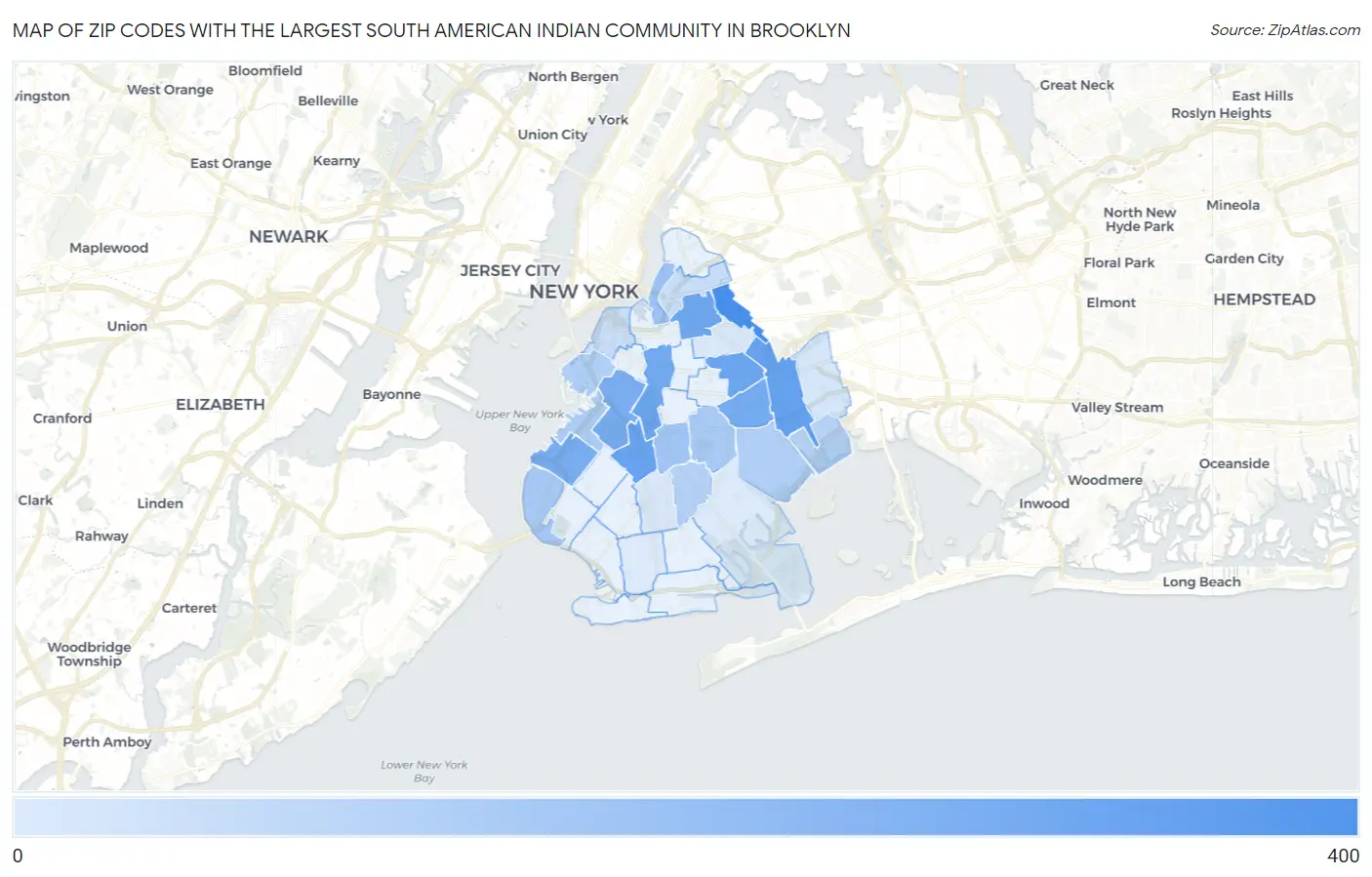 Zip Codes with the Largest South American Indian Community in Brooklyn Map