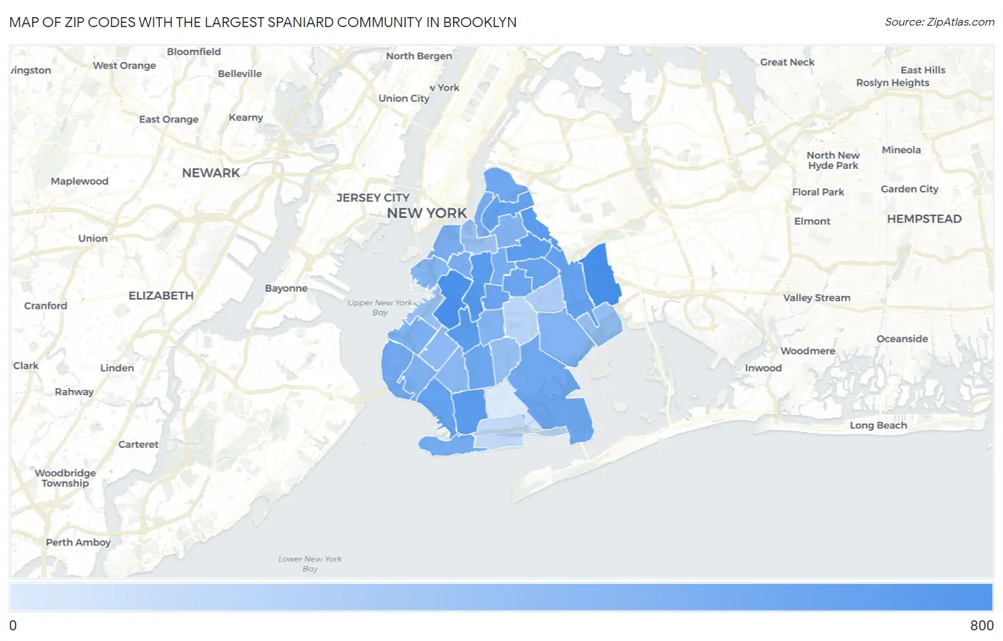 Zip Codes with the Largest Spaniard Community in Brooklyn Map