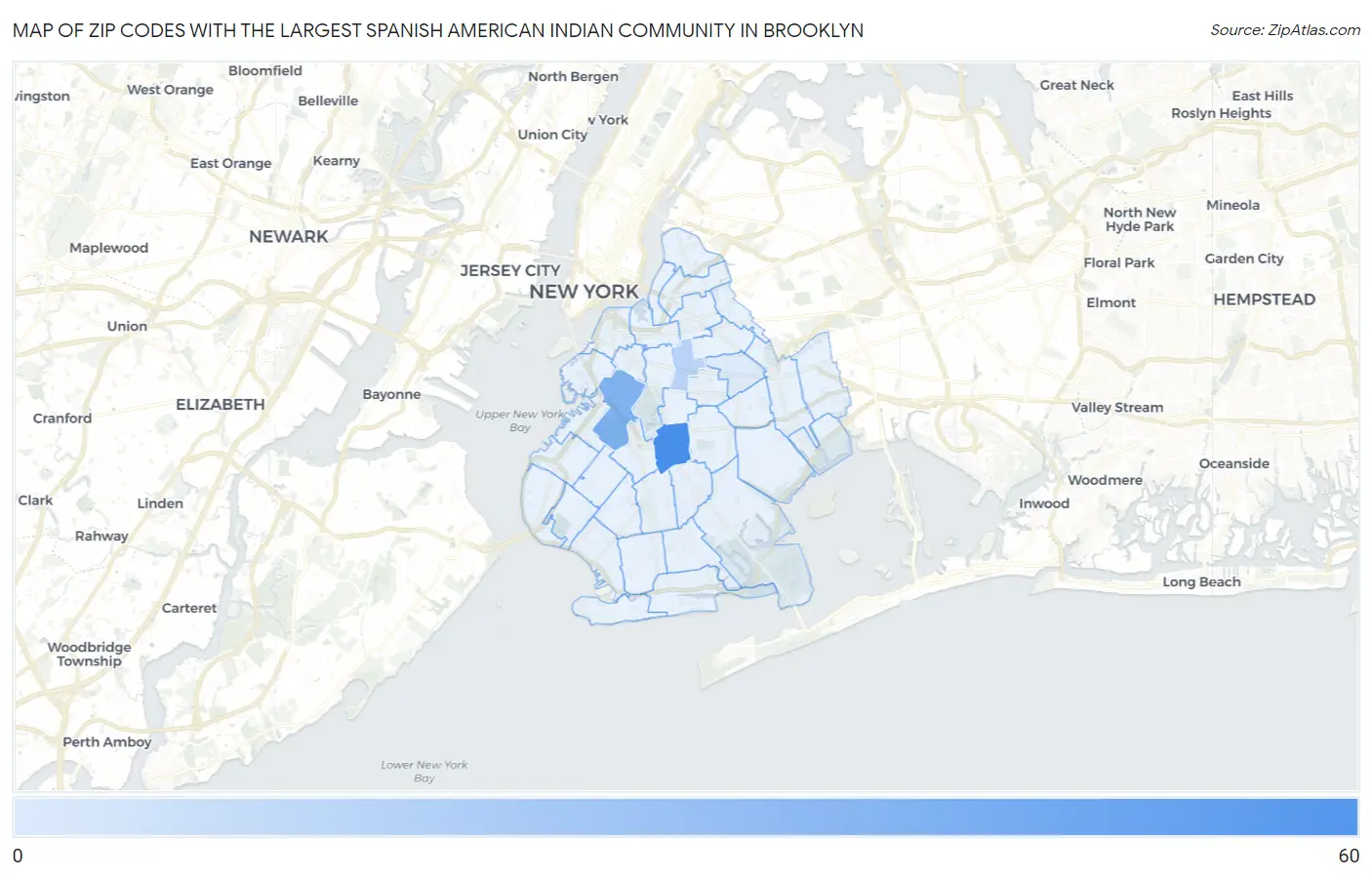 Zip Codes with the Largest Spanish American Indian Community in Brooklyn Map