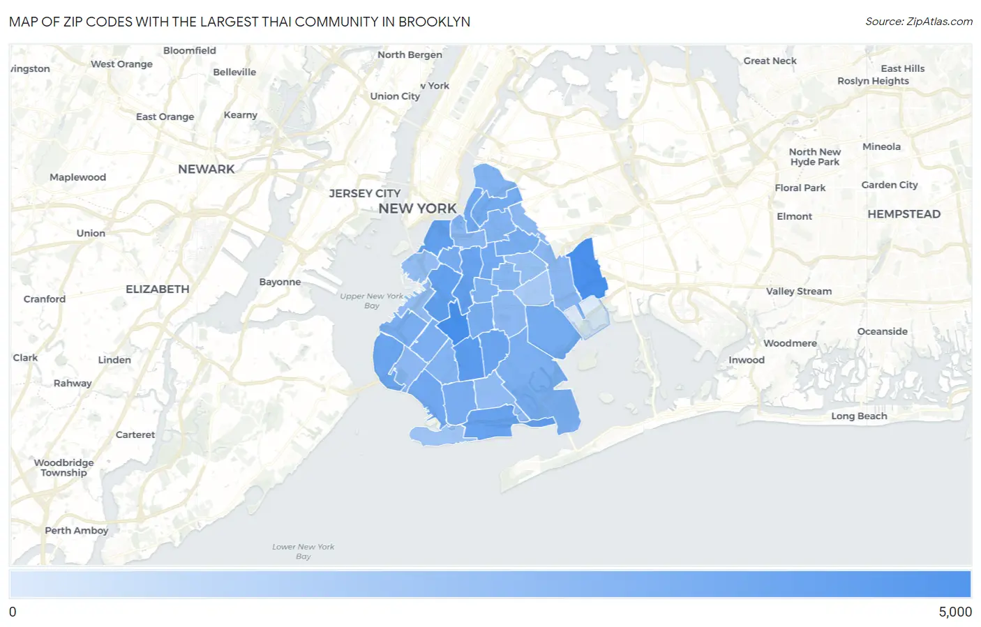 Zip Codes with the Largest Thai Community in Brooklyn Map