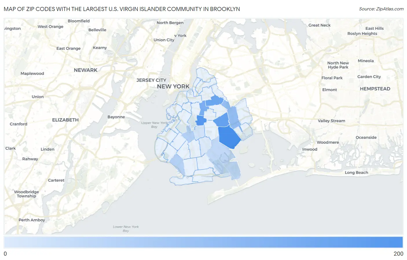 Zip Codes with the Largest U.S. Virgin Islander Community in Brooklyn Map